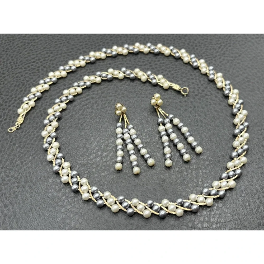 Vintage Imitation Pearl Gold Tone Necklace Pierced Dangle Fringe Earrings Set
